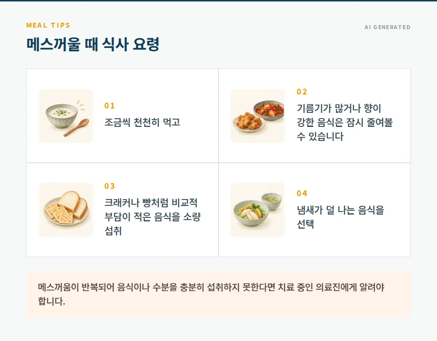 메스꺼울 때 조금씩 천천히 먹기, 기름지거나 향이 강한 음식 줄이기, 크래커·빵 소량 섭취, 냄새가 덜 나는 음식 선택을 정리한 그림