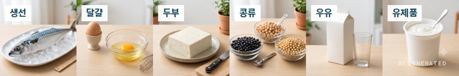생선, 달걀, 두부, 콩류, 우유, 유제품 여섯 가지 단백질 대체 식품