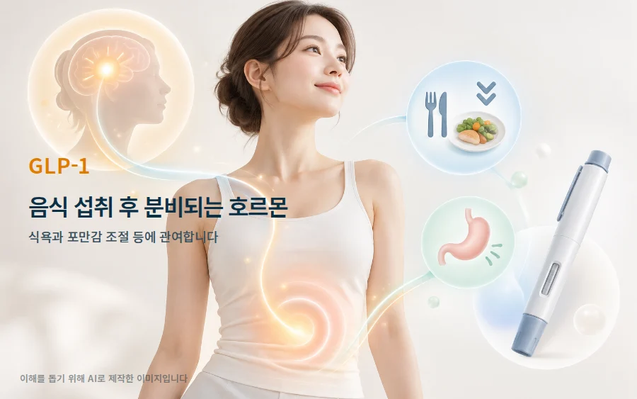 밝은 배경 속 여성 주위로 뇌, 식사 접시, 위, 주사 펜 그림이 빛나는 곡선으로 이어진 일러스트