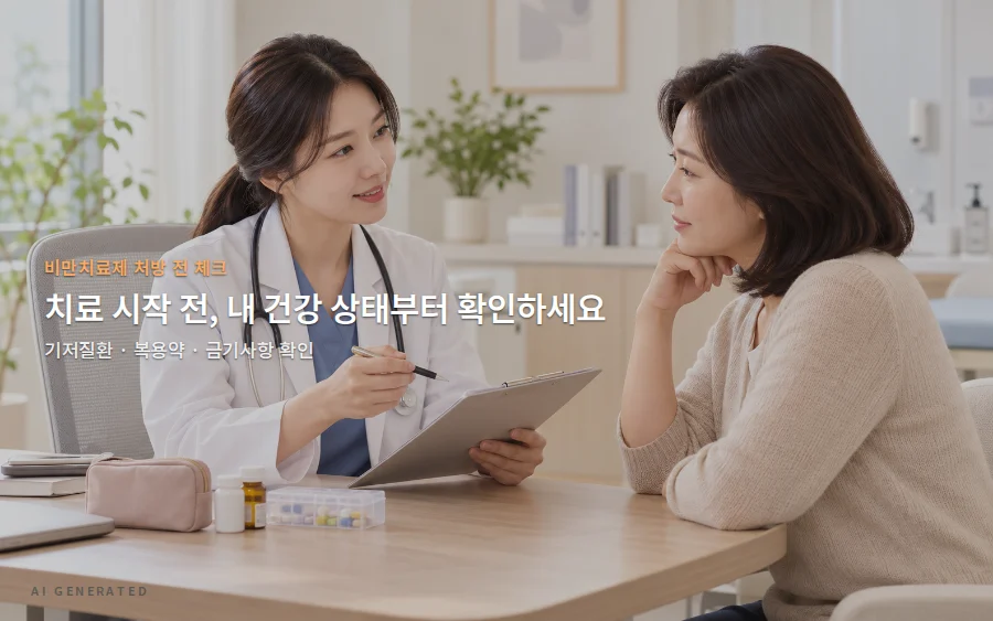 진료실 책상에서 의사가 클립보드를 들고 설명하고 여성 환자가 귀 기울여 듣는 모습, 책상 위 약병과 약 정리함