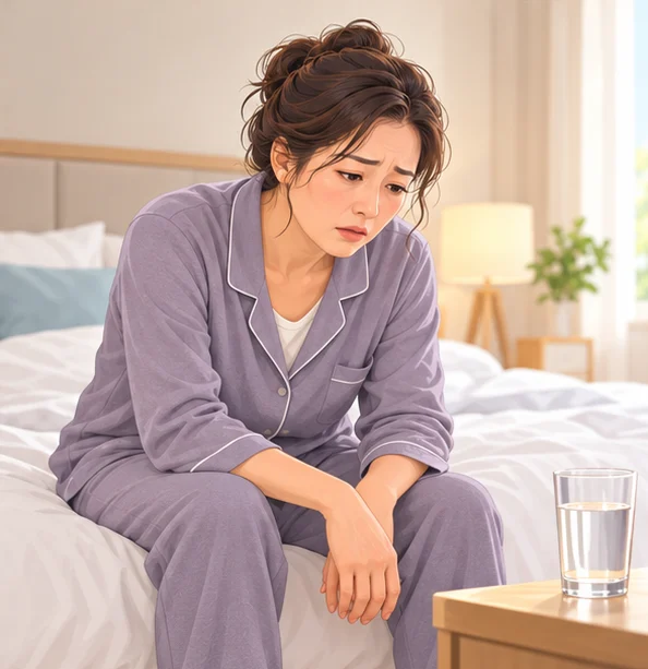 물컵이 놓인 협탁 옆 침대 가장자리에 기운 없이 앉은 여성