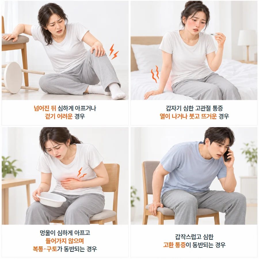 즉시 진료가 필요한 신호: 넘어진 뒤 보행 곤란, 열과 붓기를 동반한 심한 통증, 심하게 아프고 들어가지 않는 멍울과 복통·구토, 갑작스럽고 심한 고환 통증