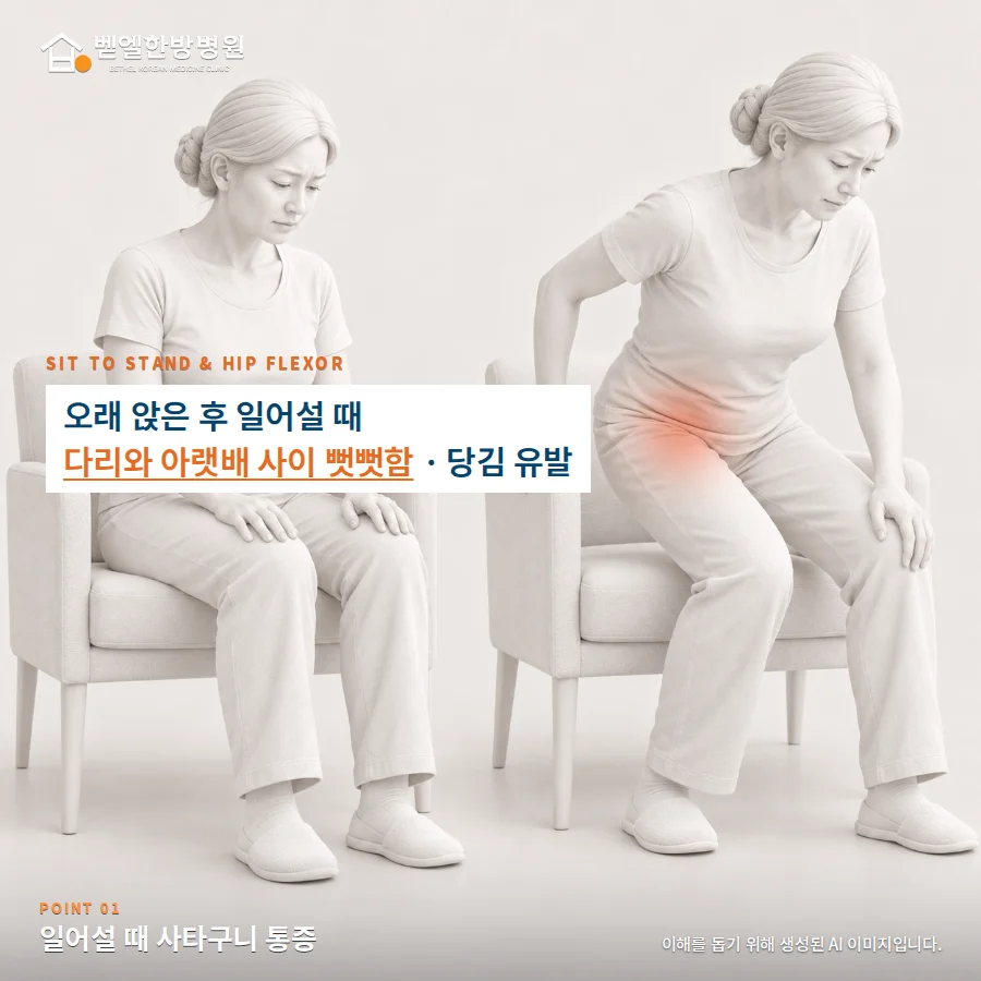 일어설 때 사타구니 통증: 오래 앉은 후 일어설 때 다리와 아랫배 사이 뻣뻣함과 당김 유발