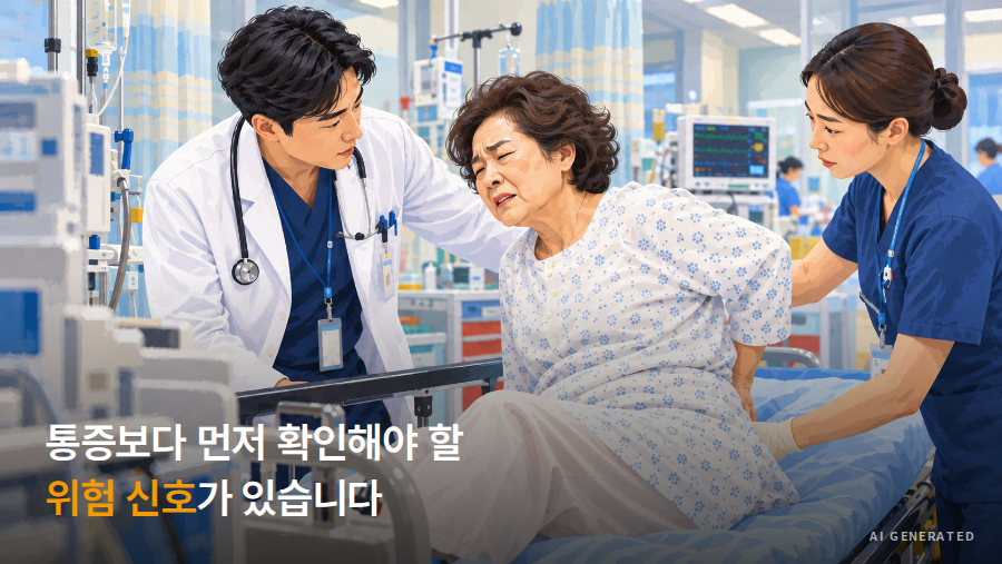 응급실에서 의료진이 허리 통증을 호소하는 고령 환자를 살피는 그림과 「통증보다 먼저 확인해야 할 위험 신호가 있습니다」 문구
