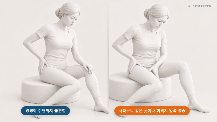 사타구니 깊은 곳이나 허벅지 앞쪽의 통증과 엉덩이 주변의 불편함을 옷을 입은 아이보리색 인물로 보여주는 그림
