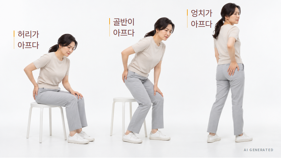 앉아서, 일어나면서, 서서 엉덩이 주변을 짚는 여성. “허리가 아프다”, “골반이 아프다”, “엉치가 아프다”처럼 같은 부위를 서로 다르게 표현