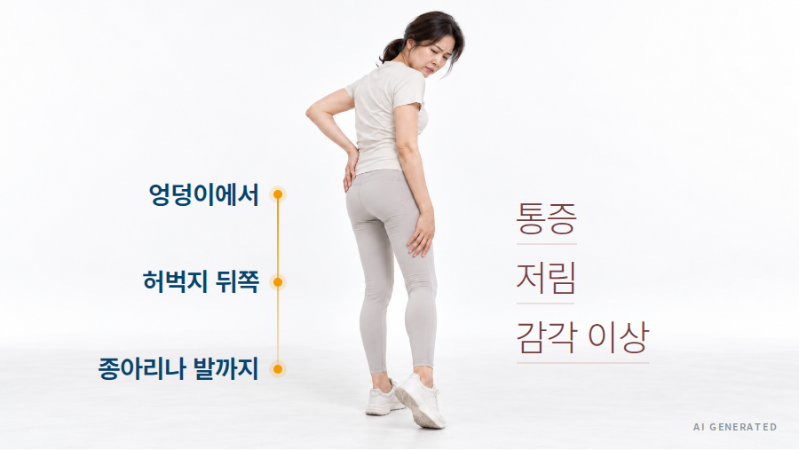 엉덩이와 허벅지 뒤쪽을 손으로 짚고 뒤돌아보는 여성. 엉덩이에서 허벅지 뒤쪽, 종아리나 발까지 통증·저림·감각 이상