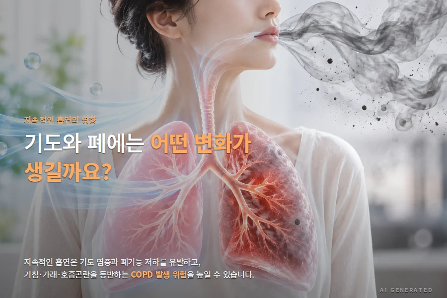 지속적인 흡연에 따른 기도와 폐의 주요 변화. 기도 자극과 염증 반복, 폐기능 저하 가속, 만성폐쇄성폐질환(COPD)