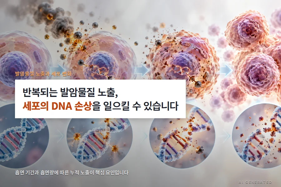 발암물질 노출에 따른 세포 DNA 손상 축적과 암 발생 위험. 반복 노출과 정상 복구 한계