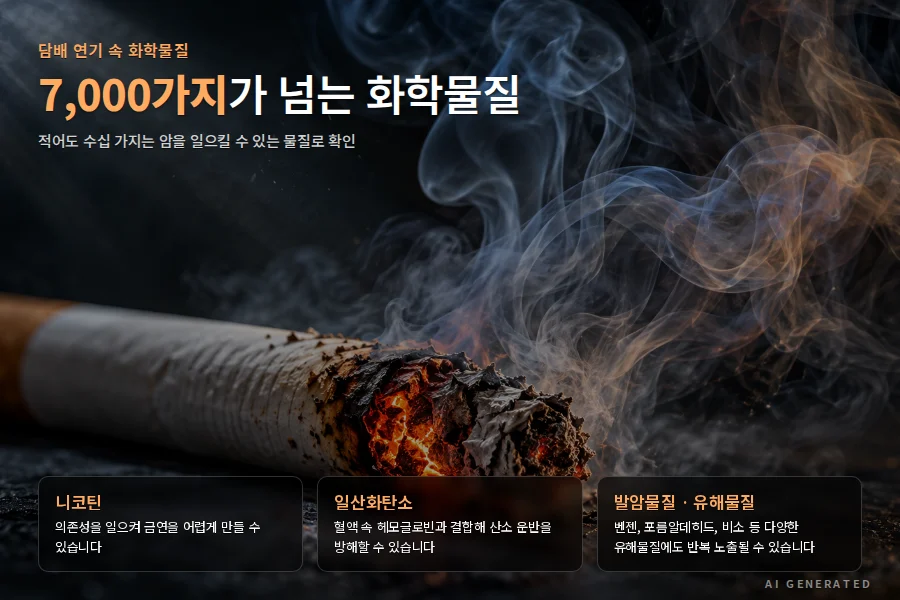 담배 연기 속 유해물질 구성. 7,000가지가 넘는 화학물질과 니코틴, 일산화탄소, 발암물질
