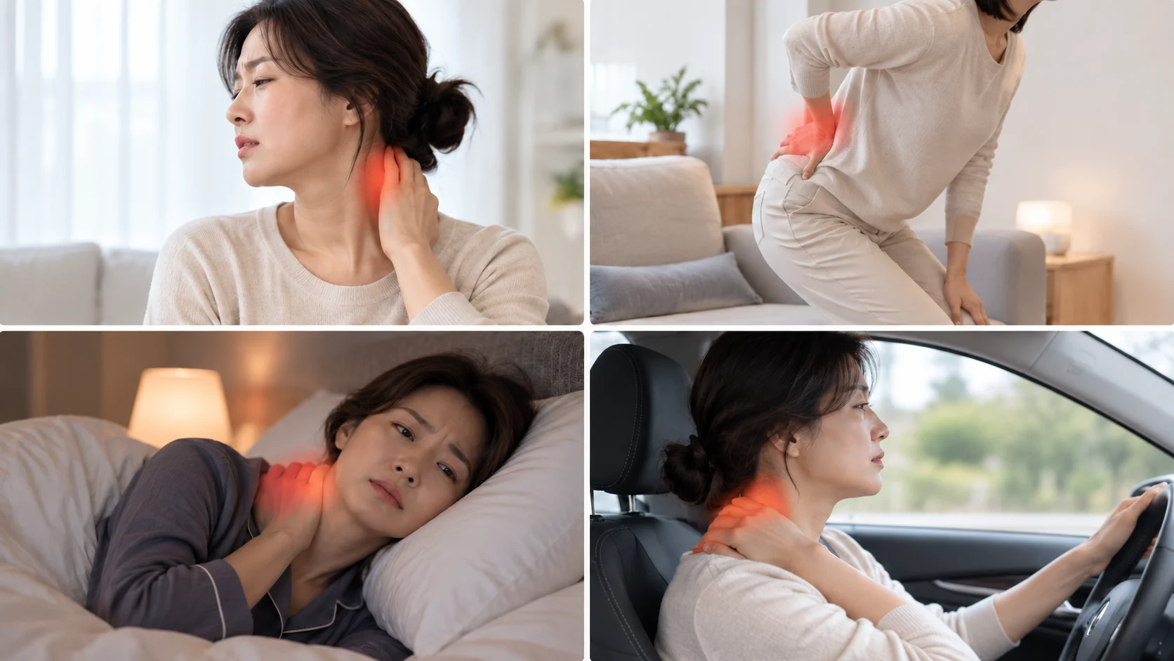 사고 후 일상에서 나타나는 네 장면 — 소파에서 목을 짚은 모습, 앉았다 일어나며 허리를 짚은 모습, 밤에 목 통증으로 깬 모습, 운전 중 목·어깨가 아픈 모습