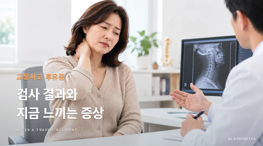 교통사고 후유증 — 검사 결과와 지금 느끼는 증상. 목 통증으로 병원을 찾아 엑스레이 영상을 앞에 두고 상담하는 모습