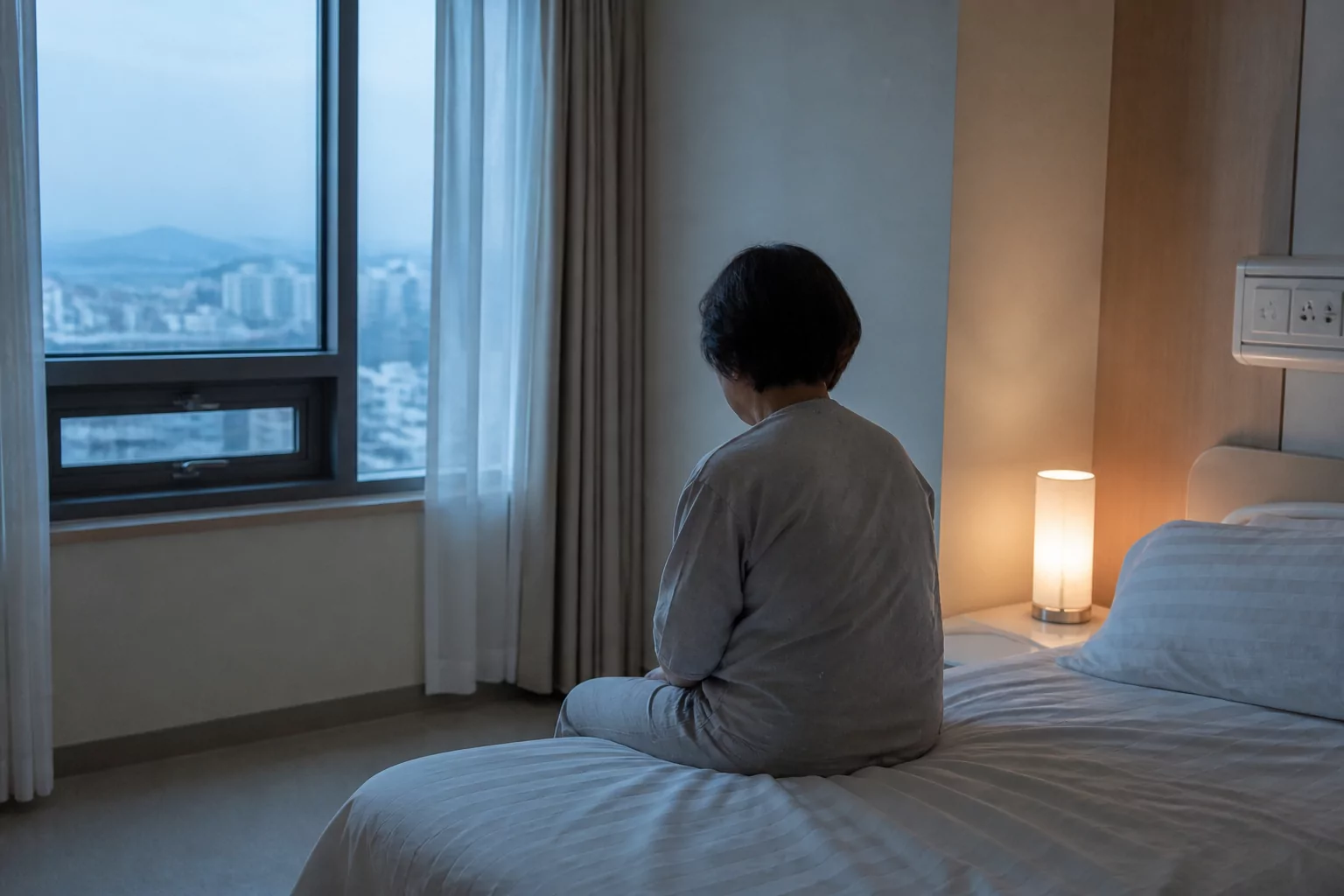 이른 아침 병실 침대에 앉아 있는 여성의 모습